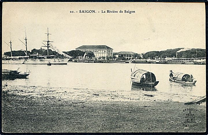 Indokina, Saigon, la Riviere de Saigon med skibe. A.F.Decoly no. 20.