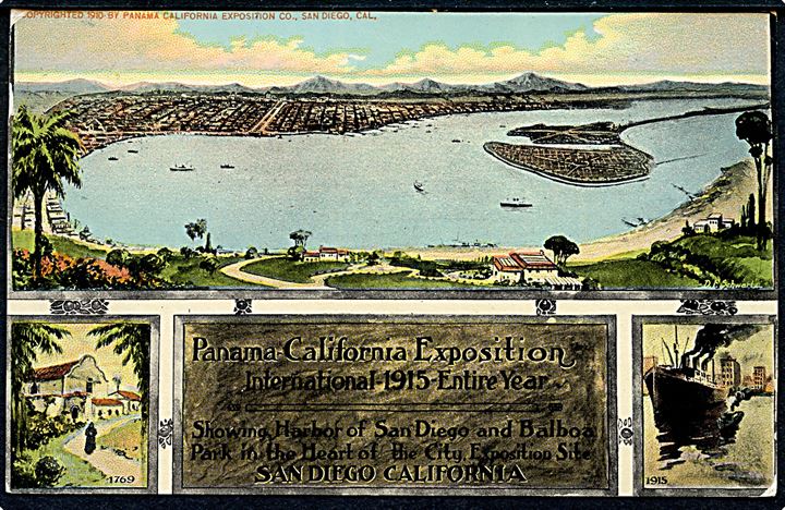 Panama-California Exhibition 1915. Officielt udstillingskort anvendt i Danmark 1927.