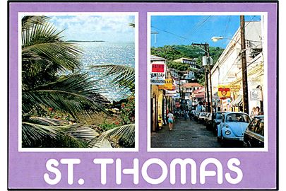 Dansk Vestindien. St. Thomas med palmer og gade med butikker. Golden Shield St. T. 38. 