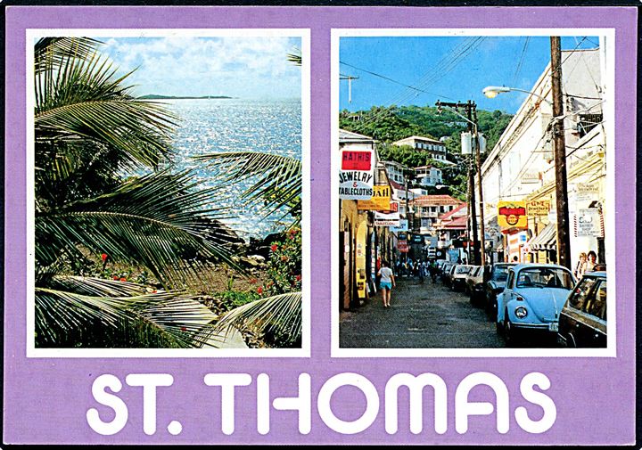Dansk Vestindien. St. Thomas med palmer og gade med butikker. Golden Shield St. T. 38. 