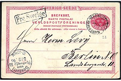 10 öre helsagsbrevkort fra Helsingborg annulleret med lapidar bureaustempel Kjøbenhavn - Helsingør d. 4.2.1896 og sidestemplet Fra Sverige til Berlin, Tyskland.