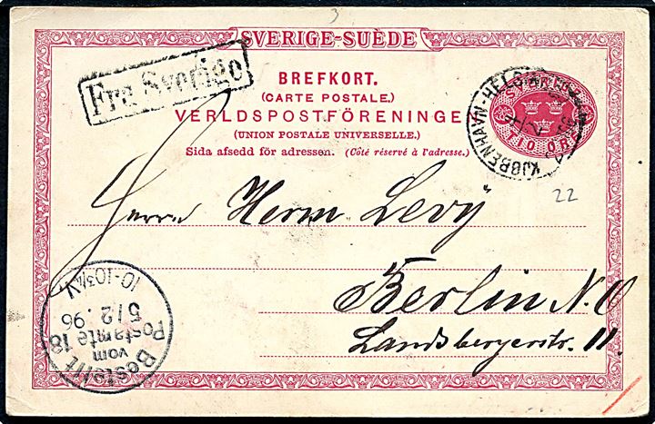 10 öre helsagsbrevkort fra Helsingborg annulleret med lapidar bureaustempel Kjøbenhavn - Helsingør d. 4.2.1896 og sidestemplet Fra Sverige til Berlin, Tyskland.