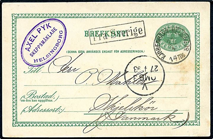5 öre helsagsbrevkort fra Helsingborg annulleret med lapidar bureaustempel Kjøbenhavn - Helsingør d. 27.4.1893 og sidestemplet Fra Sverige til Skælskør, Danmark.