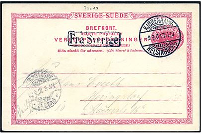 10 öre helsagsbrevkort annulleret med dansk bureaustempel Kjøbenhavn - Helsingborg T.420 d. 9.9.1901 og sidestemplet Fra Sverige til Keringsdorf, Tyskland.