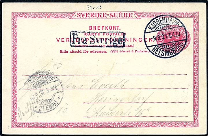 10 öre helsagsbrevkort annulleret med dansk bureaustempel Kjøbenhavn - Helsingborg T.420 d. 9.9.1901 og sidestemplet Fra Sverige til Keringsdorf, Tyskland.