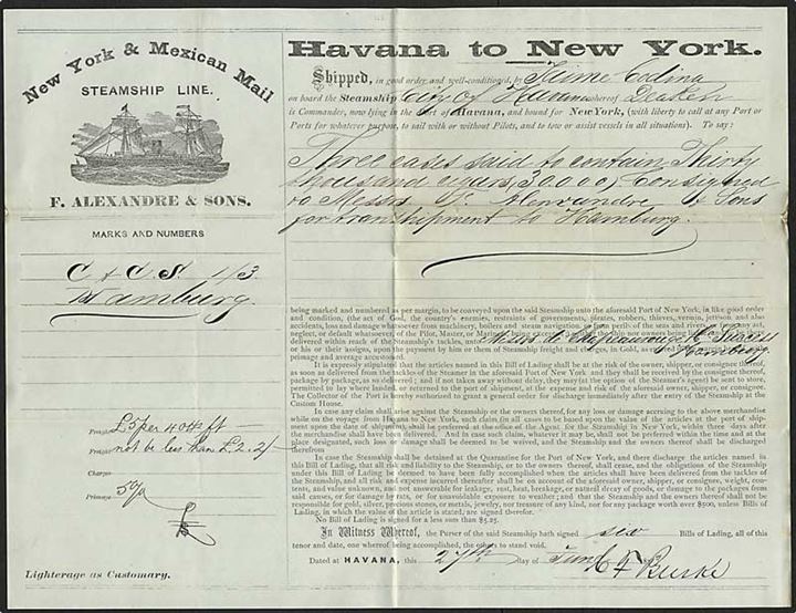 Illustreret skibspapir for New York & Mexican Mail Steamship Line: Havana til New York d. 27.6.1873. 