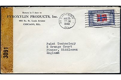 5 cents Norway på brev fra Chicago d. 26.8.1943 til Pinner, England. Åbnet af amerikansk censur no. 3091.