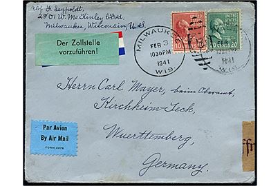 10 cents og 20 cents på luftpostbrev fra Milwaukee d. 3.2.1941 til Kirchhein, Tyskland. Åbnet af tysk censur og påsat grøn toldetiket.