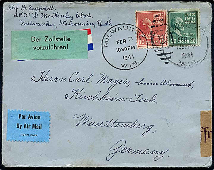 10 cents og 20 cents på luftpostbrev fra Milwaukee d. 3.2.1941 til Kirchhein, Tyskland. Åbnet af tysk censur og påsat grøn toldetiket.