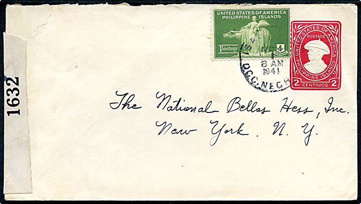 2 c. helsagskuvert opfrankeret med 4 c. fra Isabela Occ. Negros d. 1.11.1941 til New York. Åbnet af amerikansk censur no. 1632.
