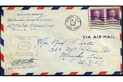 3 cents Goethals (par) på luftpostbrev fra soldat ved 19th Mat. Sqd. stemplet Albrook Field, Canal Zone d. 8.6.1942 til Memphis, USA. Unit censur no. 00005.