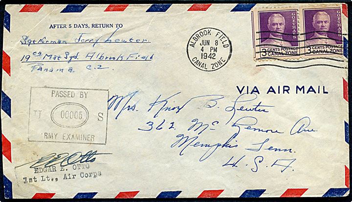 3 cents Goethals (par) på luftpostbrev fra soldat ved 19th Mat. Sqd. stemplet Albrook Field, Canal Zone d. 8.6.1942 til Memphis, USA. Unit censur no. 00005.