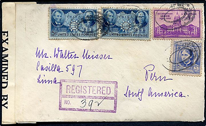 18 cents blandingsfrankeret anbefalet brev fra New York d. 25.7.1942 til Lima, Peru. Åbnet af amerikansk censur no. 5593.