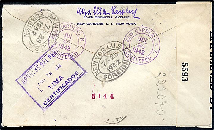 18 cents blandingsfrankeret anbefalet brev fra New York d. 25.7.1942 til Lima, Peru. Åbnet af amerikansk censur no. 5593.
