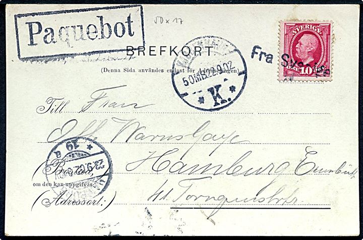 10 öre Oscar II på brevkort annulleret med skibsstempel Fra Sverige M. og sidestemplet både Kjøbenhavn d. 22.9.1902 og Paquebot til Hamburg, Tyskland.