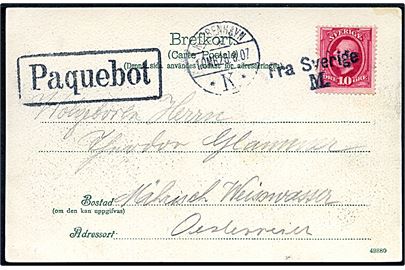 10 öre Oscar II på brevkort fra Malmö annulleret med skibsstempel Fra Danmark M. og sidestemplet både Kjøbenhavn d. 28.8.1907 og Paquebot til Østrig.