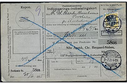 35 øre Chr. X single på retur Indkasserings-Indbetalingskort fra Nibe d. 1.7.1925 til Sønderholm.