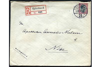 50 øre Chr. X single på anbefalet brev fra København B. d. 12.12.1921 til Nibe. Bagklap mgl.