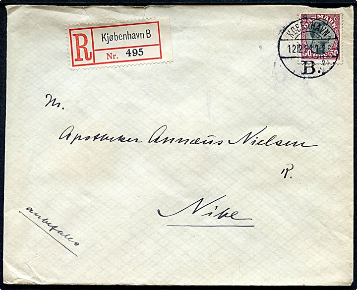 50 øre Chr. X single på anbefalet brev fra København B. d. 12.12.1921 til Nibe. Bagklap mgl.