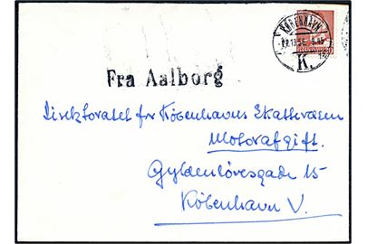 30 øre Fr. IX på fortrykt kuvert fra Hjørring annulleret København d. 22.10.1956 og sidestemplet med skibsstempel Fra Aalborg til København.