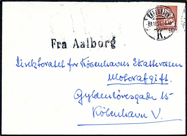 30 øre Fr. IX på fortrykt kuvert fra Hjørring annulleret København d. 22.10.1956 og sidestemplet med skibsstempel Fra Aalborg til København.