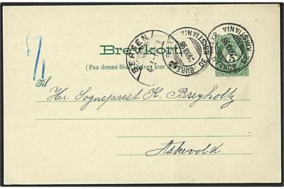 5 øre helsagsbrevkort fra Frederikshald annulleret med bureaustempel Bureau reexp. de Kristiania d. 29.12.1898 via Bergen til Askvold.