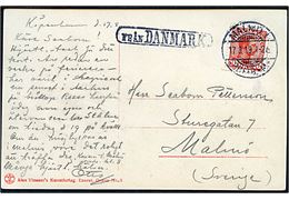 10 øre Chr. X på brevkort fra København annulleret med svensk stempel i Malmö d. 17.8.1919 og sidestemplet Från Danmark til Malmö, Sverige.
