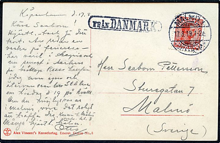 10 øre Chr. X på brevkort fra København annulleret med svensk stempel i Malmö d. 17.8.1919 og sidestemplet Från Danmark til Malmö, Sverige.