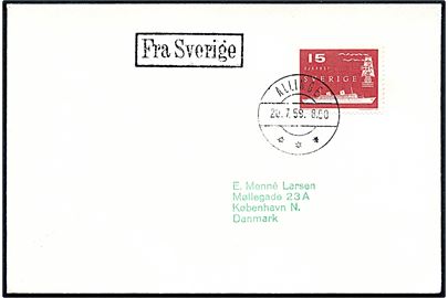 15 öre Sjöpost på filatelistisk skibsbrev annulleret Allinge d. 20.7.1959 og sidestemplet Fra Sverige til København.