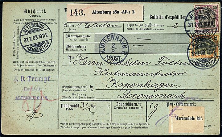 5 pfg., 25 pfg. og 50 pfg. Germania på for- og bagside af internationalt adressekort for pakke fra Altenburg d. 31.7.1903 via Warnemünde til Kjøbenhavn, Danmark.