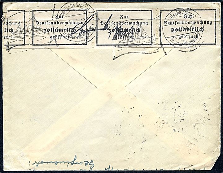 25 pfg. Hindenburg på brev fra Warnemünde d. 20.8.1937 til Götebirg, Sverige - eftersendt til Gottskär. Åbnet af tysk toldkontrol med banderole stemplet Deutsche Seepost Gjedser - Warnemünde Fb d. 20.8.1939.