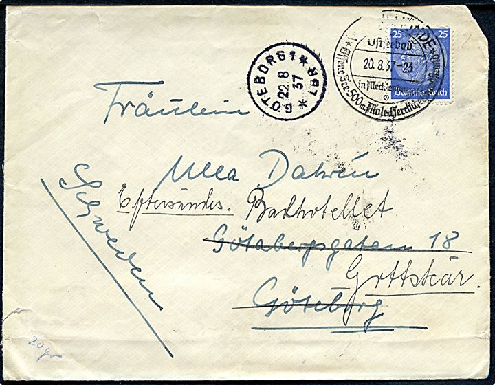 25 pfg. Hindenburg på brev fra Warnemünde d. 20.8.1937 til Götebirg, Sverige - eftersendt til Gottskär. Åbnet af tysk toldkontrol med banderole stemplet Deutsche Seepost Gjedser - Warnemünde Fb d. 20.8.1939.