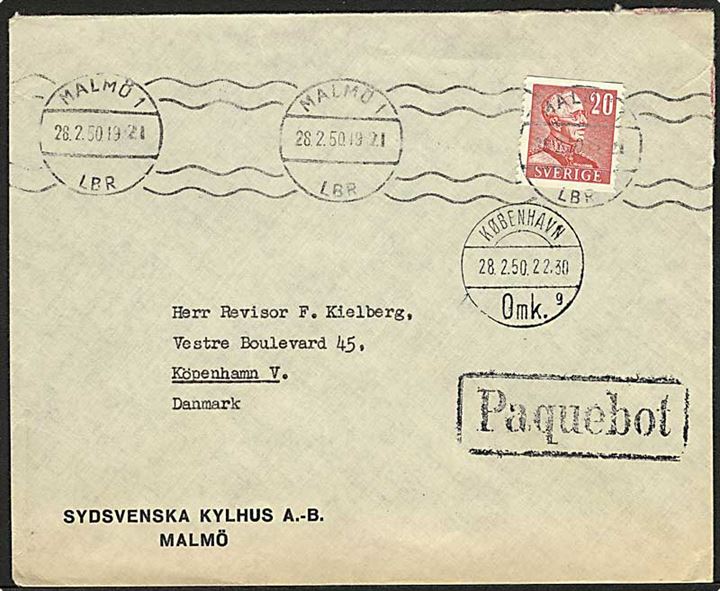 Svensk 20 öre Gustaf på skibsbrev fra Malmö d. 28.2.1950 til København, Danmark. Rammestempel: Paquebot og stempel København d. 28.2.1950.