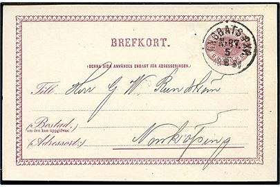 6 öre helsagsbrevkort annulleret med dampskibsstempel Ångbåts PXP. No. 87 d. 5.8.1884 (= Norrköping-Gryt-Valdemarsvik) til Norrköping. Benyttet ombord på S/S Skärgården.