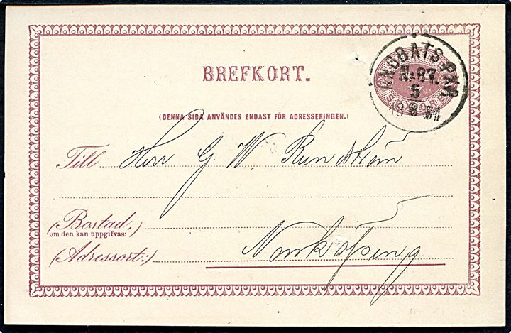 6 öre helsagsbrevkort annulleret med dampskibsstempel Ångbåts PXP. No. 87 d. 5.8.1884 (= Norrköping-Gryt-Valdemarsvik) til Norrköping. Benyttet ombord på S/S Skärgården.