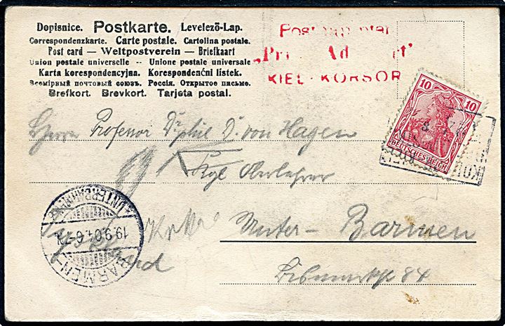 10 pfg. Germania på brevkort (Postdampfer Prinz Adalbert) annulleret med skibsstempel Korsør-Kiel DPSK:POSTKT No. 4 d. 18.9.1904 og sidestemplet Postdampfer Prinz Adalbert Kiel - Korsør til Barmen, Tyskland.
