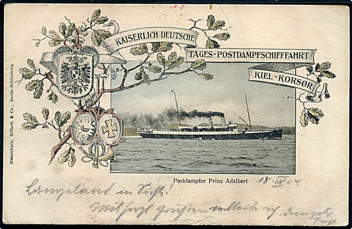 10 pfg. Germania på brevkort (Postdampfer Prinz Adalbert) annulleret med skibsstempel Korsør-Kiel DPSK:POSTKT No. 4 d. 18.9.1904 og sidestemplet Postdampfer Prinz Adalbert Kiel - Korsør til Barmen, Tyskland.