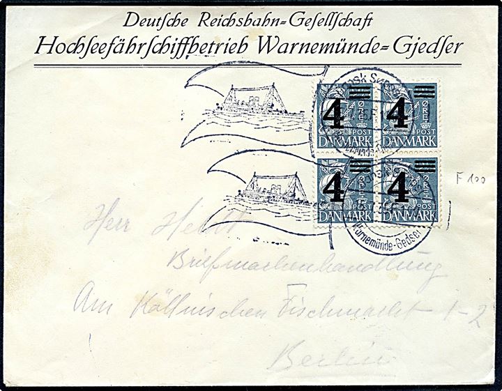 4/25 øre Provisorium i fireblok på tysk reklamekuvert fra Hochseefährschiffbetreib Warnemünde-Gjedser annulleret med skibsstempel Dansk Søpost Warnemünde - Gedser d. 15.7.1935 F.100 til Berlin, Tyskland.