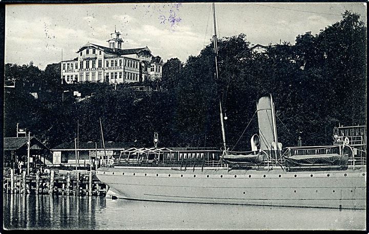 10 öre Oscar II på brevkort (Dampskib i Sassnitz) annulleret med tysk bureaustempel Berlin - Sassnitz Bahnpost Zug 18 d. 22.3.1911 og sidestemplet Paquebot til Borlänge, Sverige.