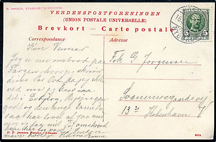 5 øre Fr. VIII på brevkort (Dampfærgen Korsør i Korsør) annulleret med sejlende bureaustempel Korsør - Nyborg T.?9 d. 16.5.1907 til København.