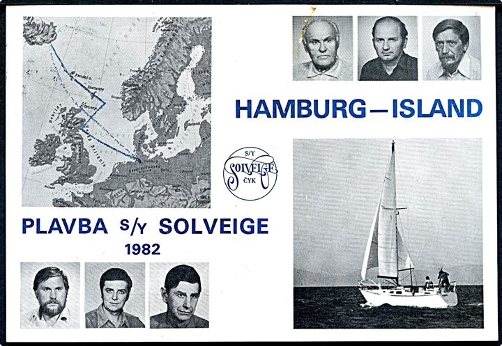Tjekkisk 1 Kcs. på brevkort (Sejlbåden Solveige Hamburg - Island 1982) annulleret Tórshavn d. 19.7.1982 og sidestemplet Paquebot til Åby, Sverige - eftersendt. Privat skibsstempel.