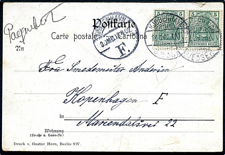 Tysk 5 pfg. Germania i parstykke på brevkort (Ødelæggelser efter skybrud i Berlin d. 14.4.1902) annulleret med dansk bureaustempel Kjøbenhavn - Gjedser T.84 d. 19.4.1902 og påskrevet Paquebot til København, Danmark. 