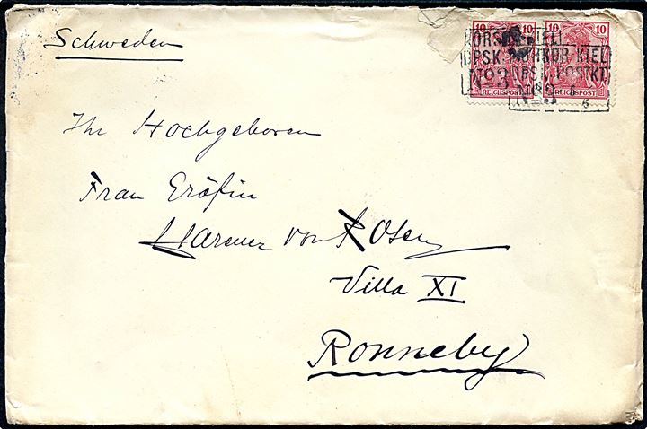 10 pfg. Germania (2) på brev annulleret med skibsstempel Korsør-Kiel DPSK:POSTKT: No. 3 d. 25.6.1901 til Ronneby, Sverige. Urent åbnet.