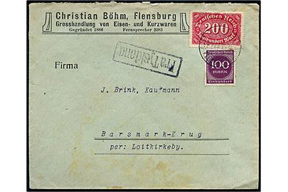 100 mk. og 200 mk. Infla udg. på brev fra Flensburg annulleret med dansk bureaustempel Fredericia - Flensborg sn8 T.955 d. 20.4.1923 og sidestemplet Fra Tyskland til Barsmark Kro pr. Løjt-Kirkeby, Danmark.