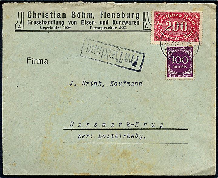 100 mk. og 200 mk. Infla udg. på brev fra Flensburg annulleret med dansk bureaustempel Fredericia - Flensborg sn8 T.955 d. 20.4.1923 og sidestemplet Fra Tyskland til Barsmark Kro pr. Løjt-Kirkeby, Danmark.