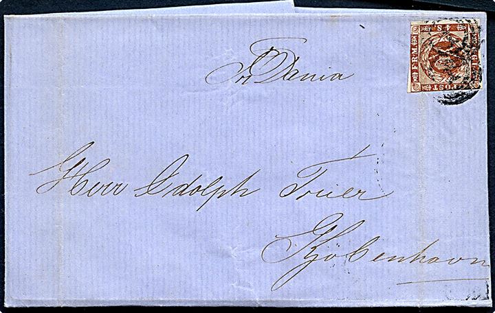 4 sk. 1858 udg. på dampskibsbrev påskrevet pr. Dania med indhold dateret i Aalborg d. 11.8.1863 annulleret med nr.stempel 1 og sidestemplet antiqua på bagsiden Kiøbenhavn KB d. 13.8.1863 til Kjøbenhavn.