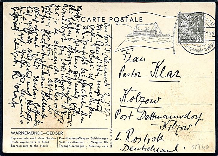 20 øre Karavel på brevkort (DSB færgen Danmark) annulleret med skibsstempel Dansk Søpost Warnemünde - Gedser d. 2.1.1937 F.132 til Rostock, Tyskland.