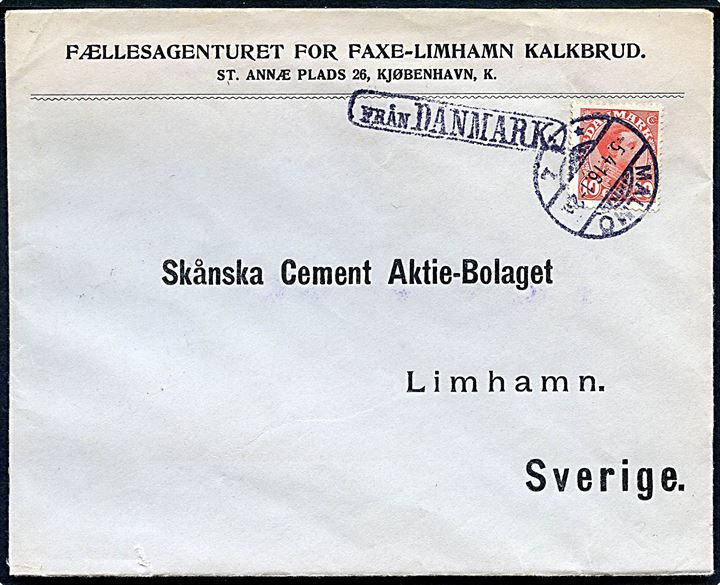 10 øre Chr. X på brev fra Kjøbenhavn annulleret med svensk stempel i Malmö d. 5.4.1916 og sidestemplet Från Danmark til Limhamn, Sverige.