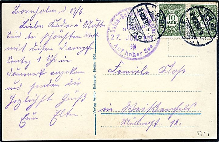 10 øre Frimærkejubilæum (par) på brevkort (Salonschnelldampfer Odin) stemplet Rønne JB.P.E. d. 27.6.1926 og sidestemplet Salon-Schnelldampfer Odin Auf hoher See til Tyskland.