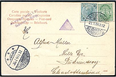 Østrigsk 5 h. og 5 øre Våben på brevkort (Parti fra Pola) annulleret med dansk bureaustempel Kjøbenhavn - Warnemünde T.92 d. 21.1.1904 til Charlottenlund.